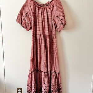 Elegant Red Gingham Dress with Maroon Embroidery